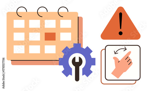 Calendar and gear represent scheduling and maintenance. Alert symbolizes warnings, while hand gesture hints at interaction. Ideal for planning, repair, alert systems, user actions, productivity