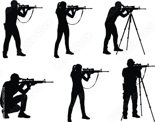 Silhouette of male and female shooters aiming rifles, practicing target shooting, tactical training, shooting range scene, precision, sniper posture.