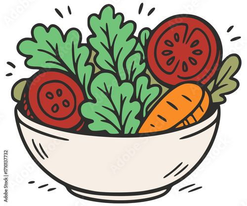 A bowl of salad with carrots, greens, and tomato slices. Vector food.