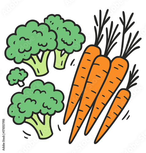 Vector vegetables broccoli and carrots on transparent background