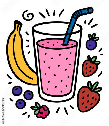 Pink smoothie with fruits (banana, strawberry, blueberry, raspberry)