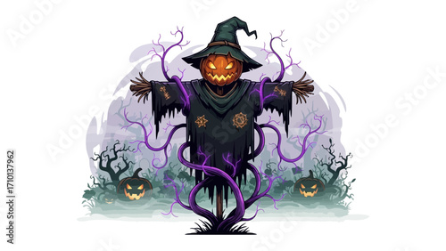Spooky Scarecrow: A whimsical illustration captures a scarecrow with a pumpkin head, evoking the spirit of Halloween. Its presence is both festive and slightly eerie.