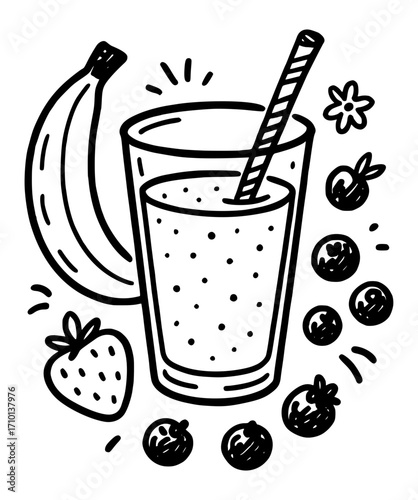 Fresh smoothie with fruits and berries (banana, strawberry, blueberry, raspberry)