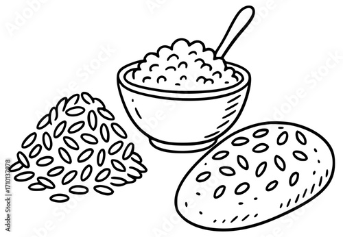 Whole grain bread loaf with seeds, rice and oatmeal in a bowl