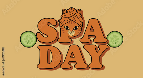 Cat with turban and cucumber slices themed for Spa Day lettering
