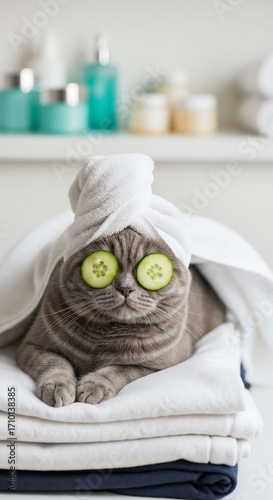 Cat relaxing with cucumber slices on eyes wrapped in towel on towels