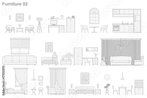 Furniture outline front view architectural designs. Set of isolated linear interior icons. Vector elements for apartments, living room, bedroom, kitchen, bathroom. 