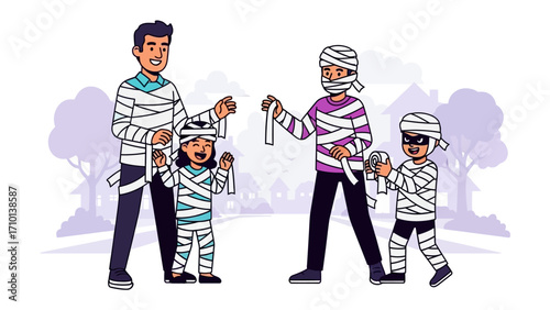 Halloween Fun: A pair of families embraces the spooky spirit, joyfully costumed as mummies. They revel in the festive air, creating a timeless scene.