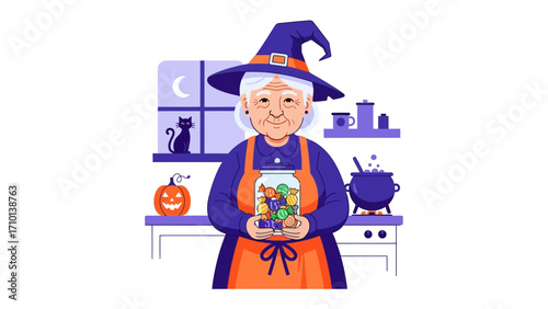 Witch with Jar of Treats: An illustration of a jovial witch proudly displaying a jar filled with candies in a whimsical Halloween scene, complete with a cauldron and smiling pumpkin.