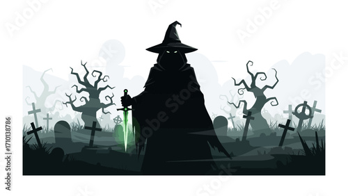 The Witch in the Cemetery: A sinister witch figure, shrouded in darkness, stands guard with a mystical glowing sword in a spooky, misty graveyard. The silhouette against the backdrop of gnarled trees.
