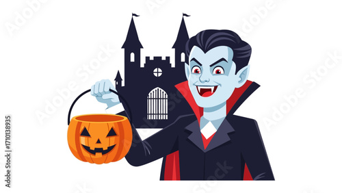 Spooky Vampire's Halloween Treat: A dashing vampire, adorned in classic attire, stands poised with a jack-o'-lantern treat basket. The silhouette of a foreboding castle looms in the background.