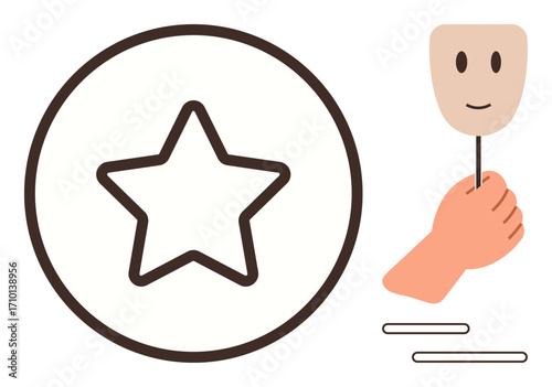Star inside circle paired with hand holding face mask implies duality, evaluation, and perception. Ideal for personal branding, reviews, self-awareness, hidden truths, self-promotion, authenticity