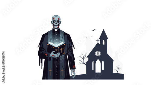 Haunted Halloween Scene: A spectral figure, clad in a priest's garb and holding a glowing book, stands before a shadowy church, creating an atmosphere of eerie suspense and mystical intrigue.