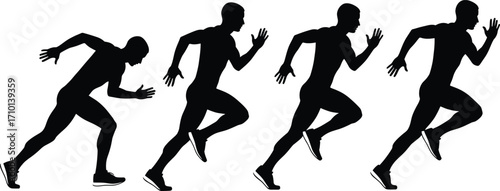Silhouette of male runner sprint start, athlete running fast, fitness jogging, training motion, sport speed, athletic activity, healthy lifestyle concept.