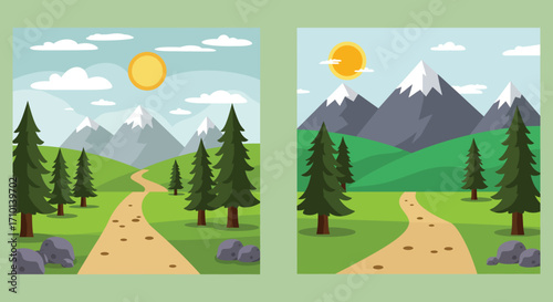 Two idyllic landscape scenes featuring mountains trees and winding paths