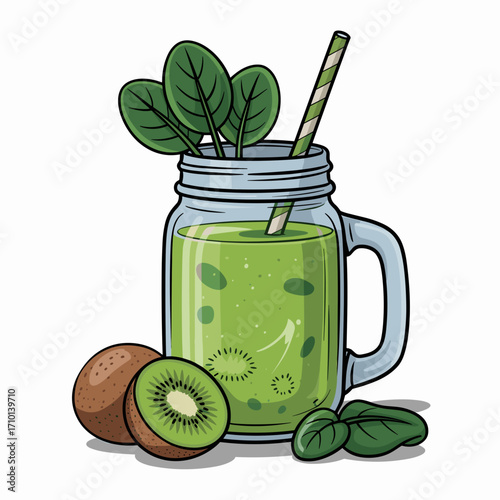Fresh Kiwi Green Smoothie with Spinach in Mason Jar ector