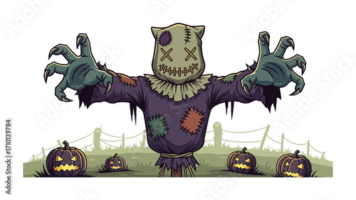 Spooky Scarecrow with Pumpkins: A Halloween illustration of a chilling scarecrow with a stitched sack head and gnarled hands reaching towards the viewer, surrounded by grinning jack-o'-lanterns.
