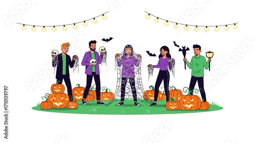 Spooky Halloween Gathering: An illustrated gathering of costumed individuals celebrates Halloween with festive decorations and props.