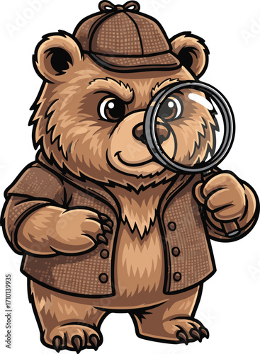 Curious Detective Bear with Magnifying Glass Mascot Illustration