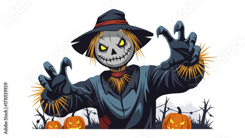Spooky Scarecrow on Halloween Night: A ghoulish scarecrow, complete with menacing grin, eerie glowing eyes and straw hair, stands amidst carved pumpkins and silhouettes of bare trees under a moonlit.