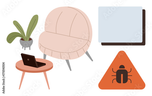 Armchair and table with laptop, houseplant, wall-mounted whiteboard, and bug caution sign. Ideal for remote work, productivity, clean design, business risks, problem solving tech issues simple flat