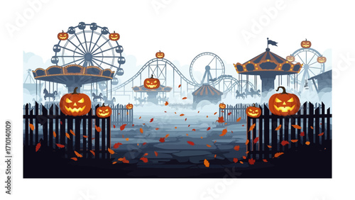 Pixelated Halloween Carnival Scene: An eerie pixelated carnival scene. Glowing jack-o'-lanterns perched upon a dark wooden fence, against the backdrop of a spooky carnival landscape. The Ferris wheel.