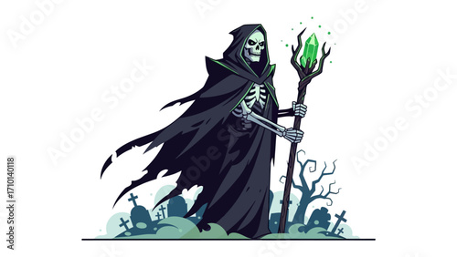 Grim Reaper and Emerald Staff: A stylized illustration of the Grim Reaper, cloaked in a dark robe, holding an emerald staff with a mystical aura amidst a spooky cemetery.