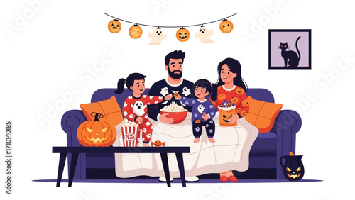 Family's Halloween movie night: A family gathers, snuggled on the couch, to enjoy a spooky Halloween movie night. with snacks and seasonal decorations, creating a sense of togetherness and fun. 