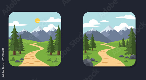 Two idyllic landscape scenes featuring mountains trees and winding paths