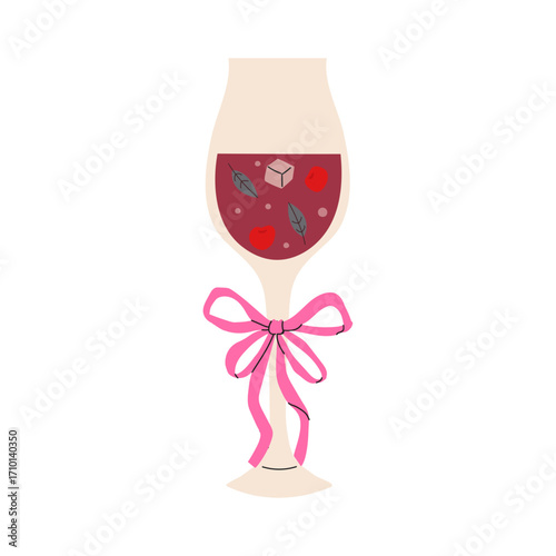 Colorful beverage glass with red fruits and leaves, decorated with a pink bow, perfect for summer gatherings and celebrations