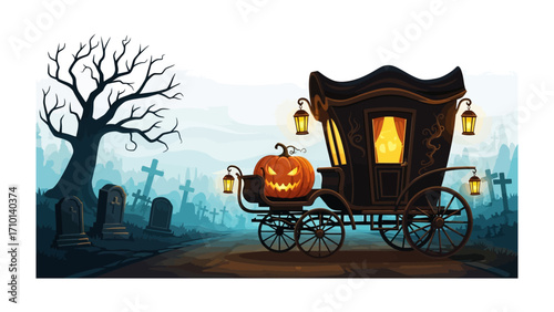 Spooky Halloween Carriage: An illustrated Halloween scene featuring a mysterious carriage, illuminated by lanterns, parked ominously by a graveyard. The carriage, a jack-o'-lantern.