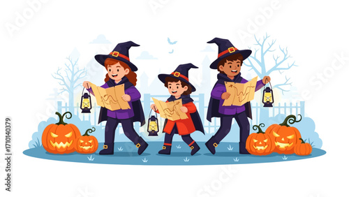 Halloween Witch Treasure Hunt: Enchanting scene of three youthful witches immersed in a Halloween treasure hunt, holding lanterns and maps, accompanied by grinning pumpkins. 