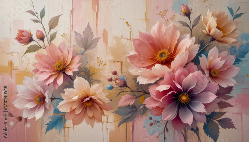 A beautiful watercolor painting showcasing a bouquet of delicate flowers in shades of pink, peach, and cream. The artwork features a textured background with subtle brushstrokes.