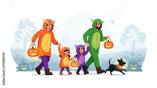 Halloween Family Fun: A vibrant depiction of a family, dressed in playful costumes, embarks on a Halloween adventure, carrying pumpkin-shaped treat bags, complete with an enthusiastic dog in tow.