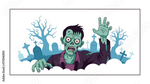 Undead Emergence: A vibrant illustration captures the unsettling sight of a zombie rising from the earth. Vivid colors bring this classic Halloween icon to life, creating a blend of eerie aesthetics.