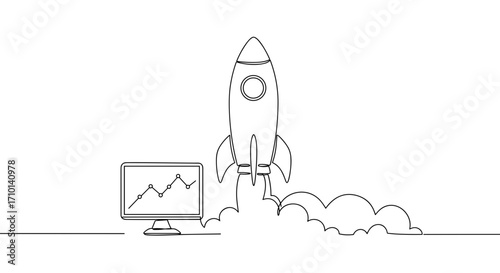 Rocket launching from computer screen with growth chart illustration  