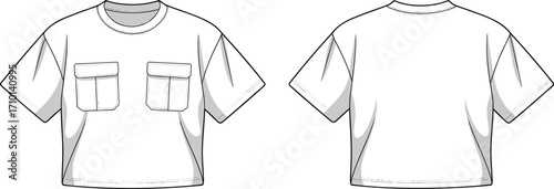 Technical fashion flat sketch, short sleeve cropped shirt front and back view, chest pockets with flaps, round neckline, garment construction, apparel design illustration, vector drawing