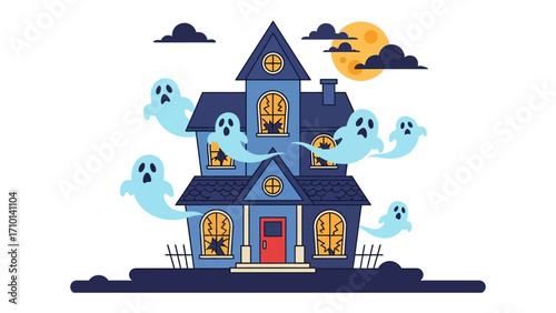 Spooky Mansion: A chilling illustration of a haunted house at night, with ghostly apparitions floating around, evokes the essence of Halloween.