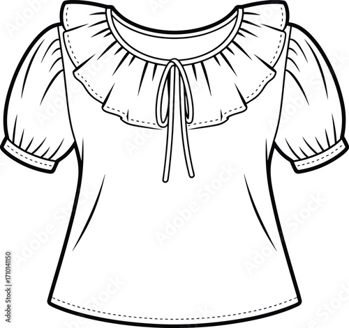 Short‑sleeved puff blouse fashion sketch, ruffled collar with tie, puffed gathered sleeves, flared silhouette, garment flat drawing, sewing pattern, clothing design illustration,
