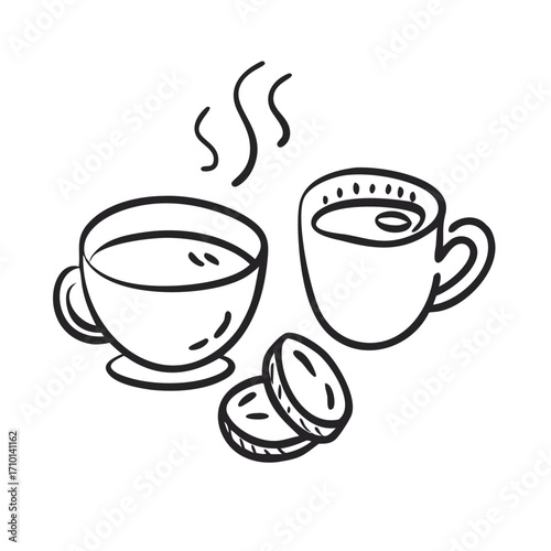Cofee doodles vector icon.Vector cup of tea, cofee for menu cafe, bar, food, restaurant,isolated on the white background, with heart
