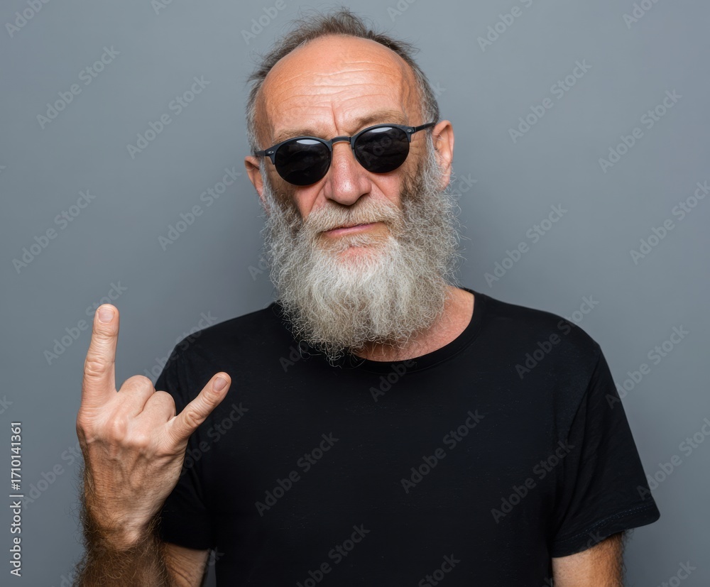 Obraz premium A mature man with a gray beard and black sunglasses displays a rock and roll hand gesture against a neutral backdrop.