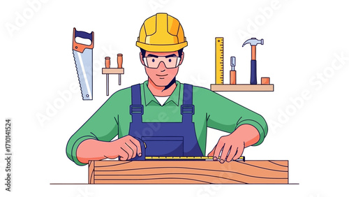 Craftsman at Work: An illustration capturing a skilled craftsman at work, measuring wood with precision, amidst tools representing meticulous workmanship. 