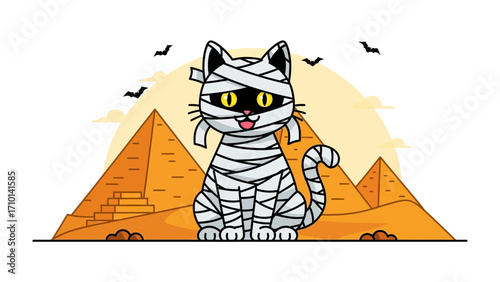 Mummy Cat in Pyramid: A cartoon mummy cat sits confidently against the backdrop of the Great Pyramids, invoking a sense of adventure and Halloween fun.