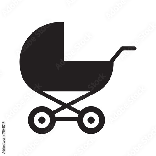 Baby carriage stroller icon. Black silhouette of a pram for newborn infant. Vector symbol for childcare and parenting.
