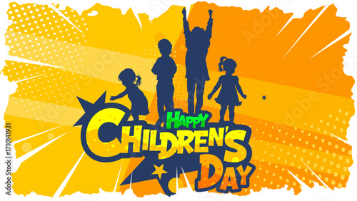 Happy children's day banner with kids silhouettes