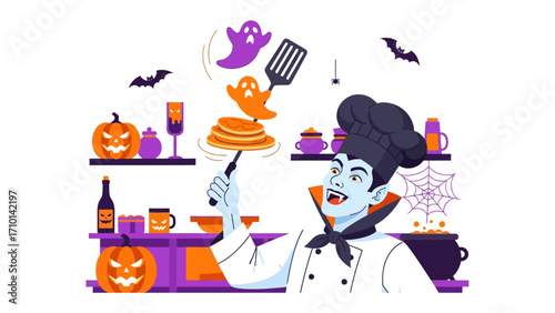 Halloween Feast: A spooky culinary scene features a vampire chef cooking pancakes with a Halloween twist, bats flutter around in a festive kitchen environment filled with pumpkins, cauldrons.