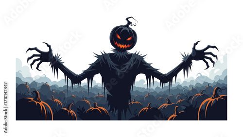 Pumpkin Head Scarecrow Illustration: A fearsome scarecrow with a jack-o'-lantern head stands tall in a sprawling pumpkin patch, inviting us into the heart of Halloween. 