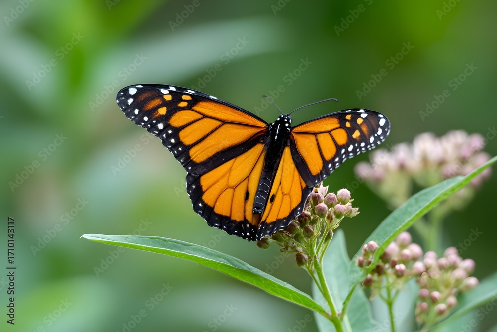 Fototapeta premium Butterfly perched on blooming flower in a lush garden setting Generative AI