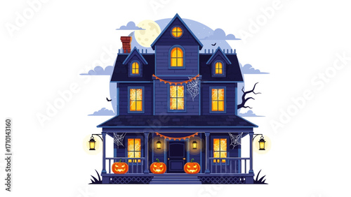 Haunted House: A spooky, vintage-style mansion, adorned with eerie decorations, pumpkin, spiderweb and ominous atmosphere set against a backdrop of a chilling full moon.