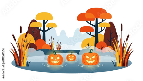 Halloween pumpkins float on water: A vibrant and digitally crafted Halloween illustration featuring three carved pumpkins, each with glowing eyes, floating on a tranquil water body.